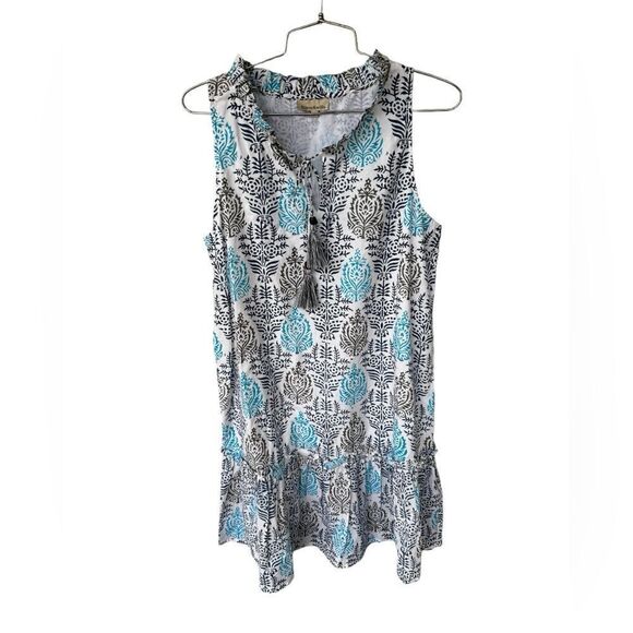 Fitzroy & Willa Sleeveless Navy & Turquoise Floral With Tassel Tie Neckline S - Picture 2 of 6